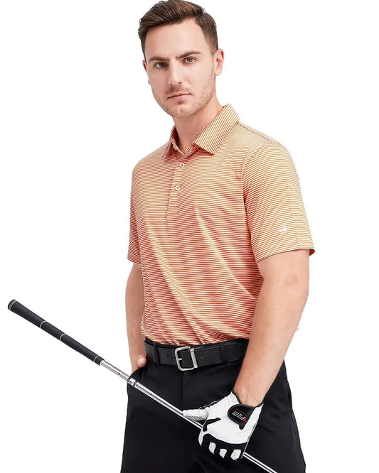 Mens Golf Shirt Moisture Wicking Dry Fit Performance Sport Short Sleeve Striped Golf Polo Shirts for Men Orange Stripe Large