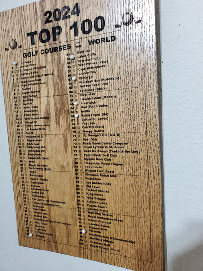 Top 100 Golf Courses Worlds Finest Golf Courses 2024 Showcase Custom Solid Oak Plaque with Interactive Map and White Ball Pushpins Top US Golf